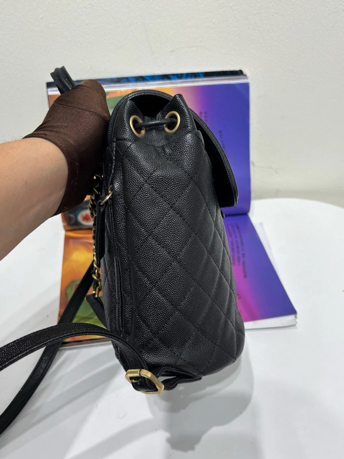 CHANEL Black Gold Calfskin Vanity Case Backpack For Women