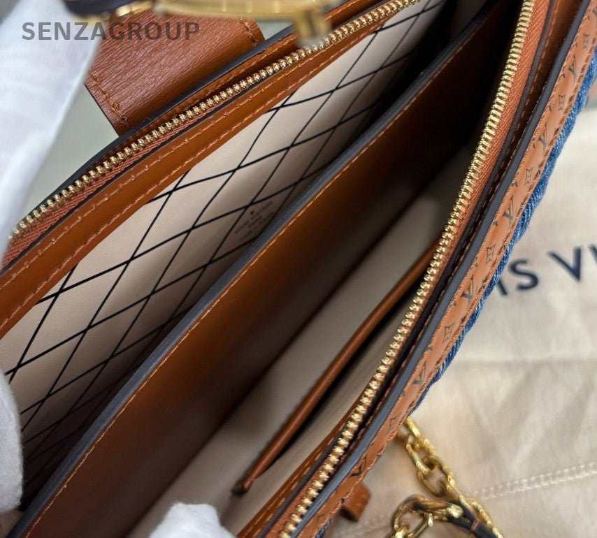 Louis Vuitton Trunk Clutch Chain Shoulder Bag Blue Gold Women Classic Fashion