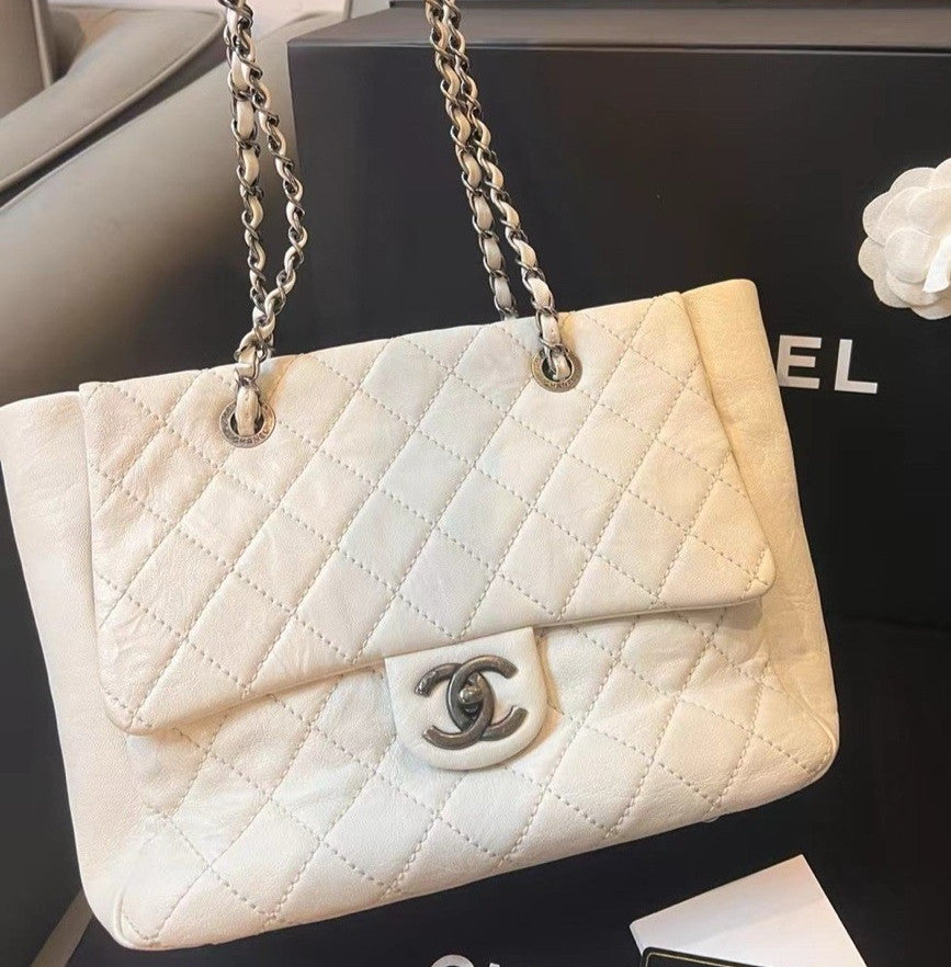 CHANEL Classic Flap Vintage Chain Calfskin Shoulder bag White Silver Women