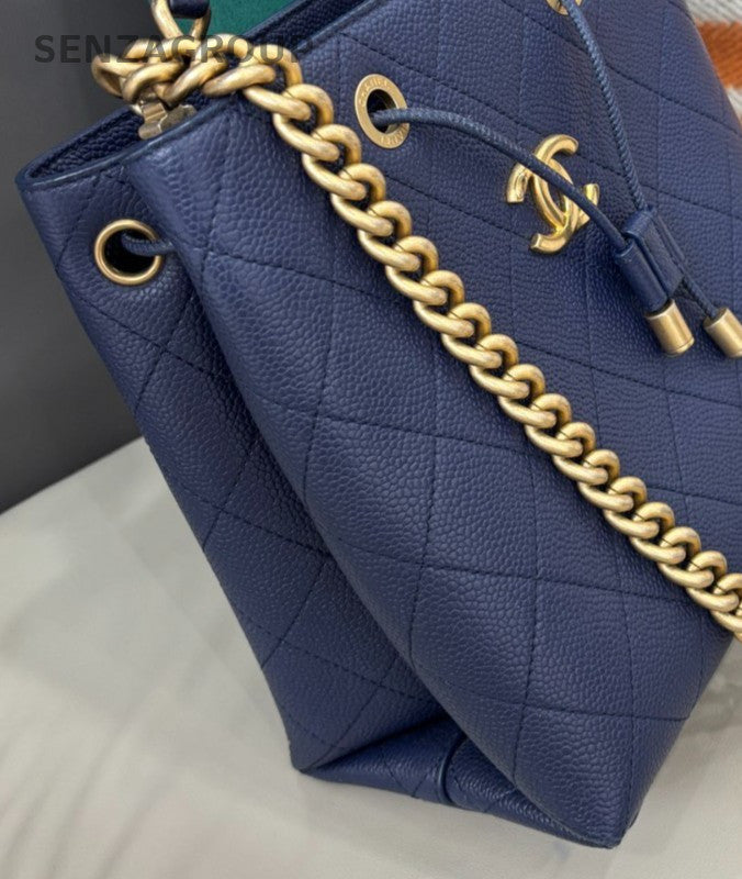 Chanel Calfskin Bucket Chain Shoulder Bag Crossbody Blue Gold Diamond Women