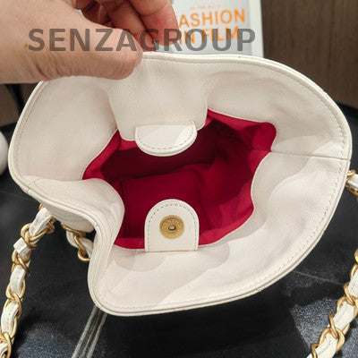 Chanel Coin Bucket Quilted Chain Shoulder Bag in White Gold