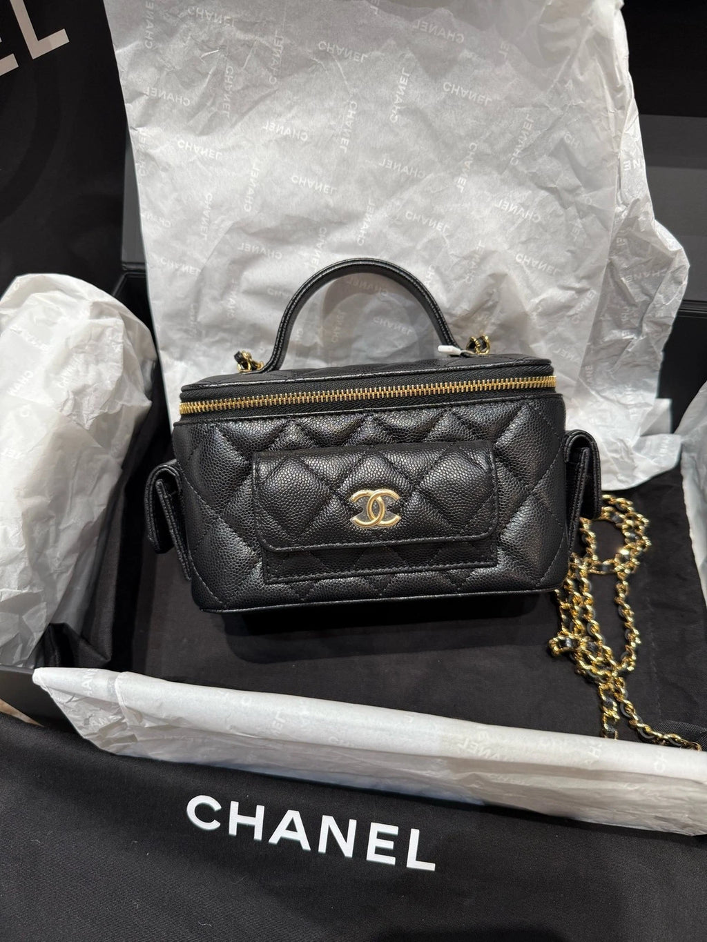 CHANEL Cargo Black Gold Caviar Leather Shoulder Bag For Women