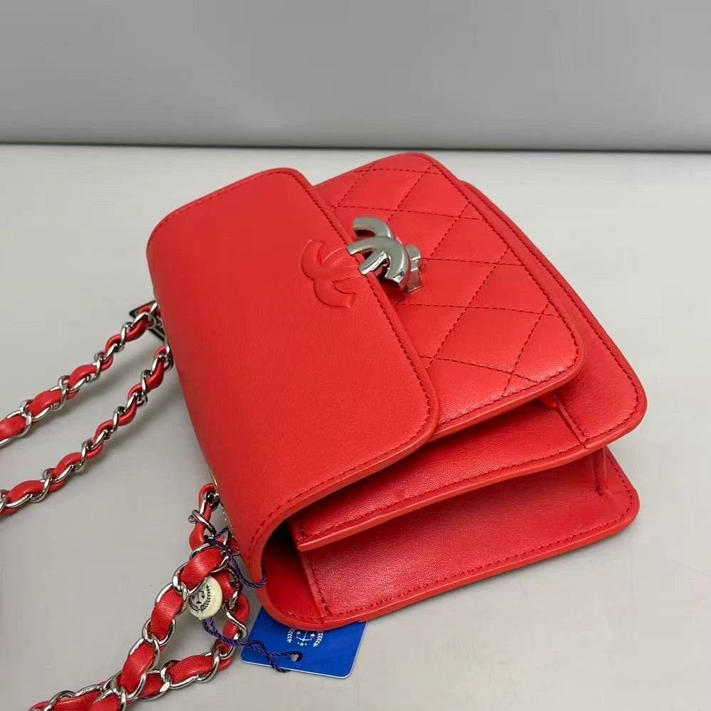 Chanel Cuba Calfskin Chain Shoulder Bag Crossbody Red Silver Women Classic