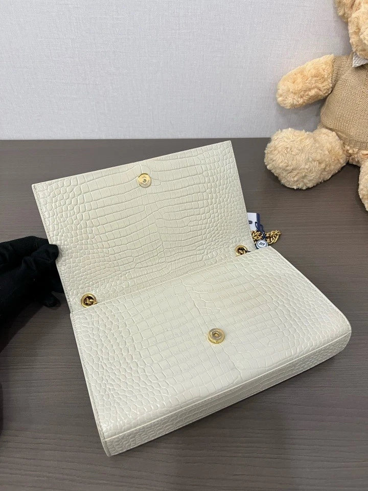 YSL White Crocodile Embossed Leather Tassel Kate Shoulder Bag For Women