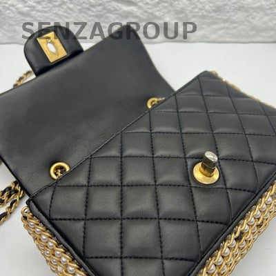 Chanel Classic Flap Mini Pearl Chain Black Gold Shoulder Crossbody Bag
