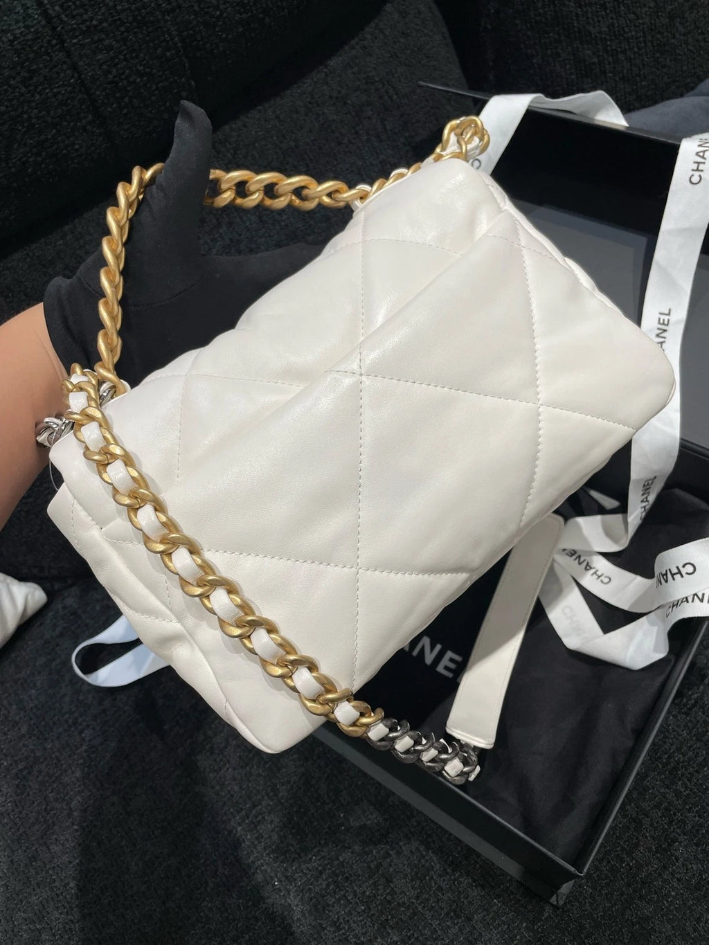 CHANEL 19 Small Calfskin White Gold Hardware Shoulder Bag For Women