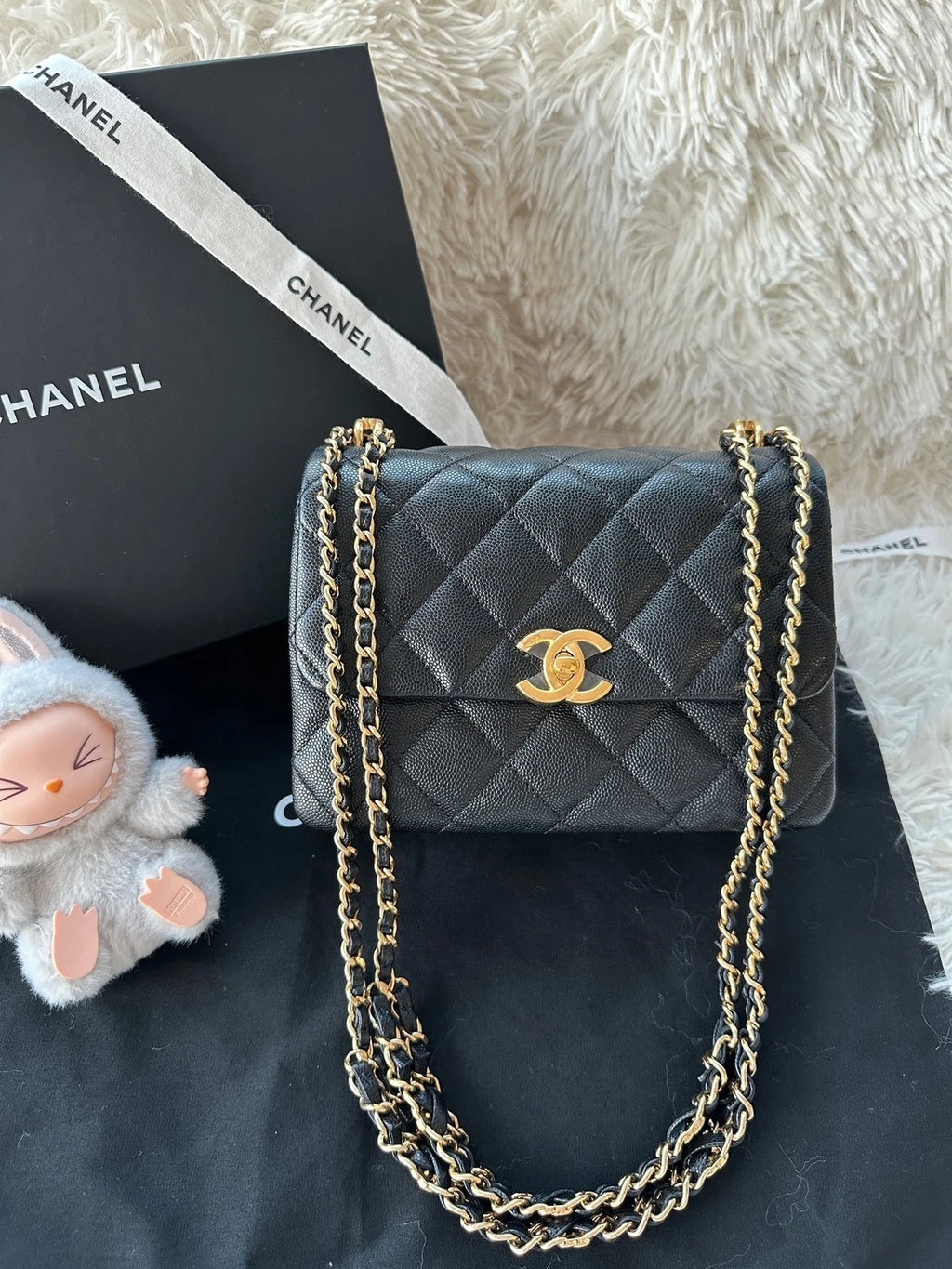 CHANEL Black Caviar Leather Square Shoulder Handbag For Women