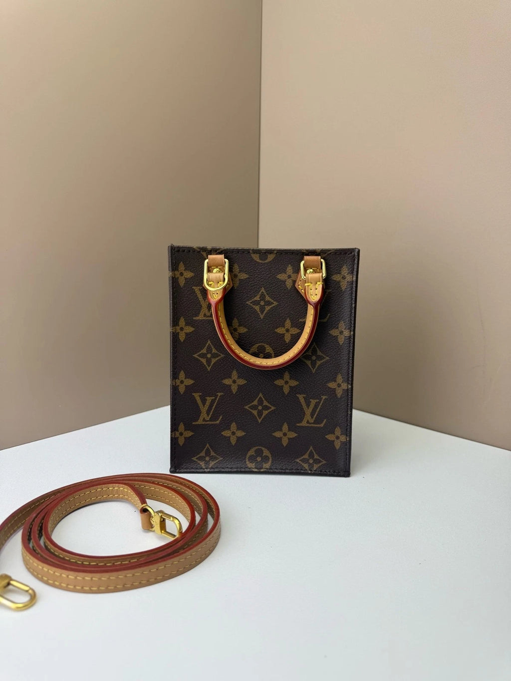 Louis Vuitton Petit Sac Plat Monogram Canvas Mini Tote Handbag Crossbody