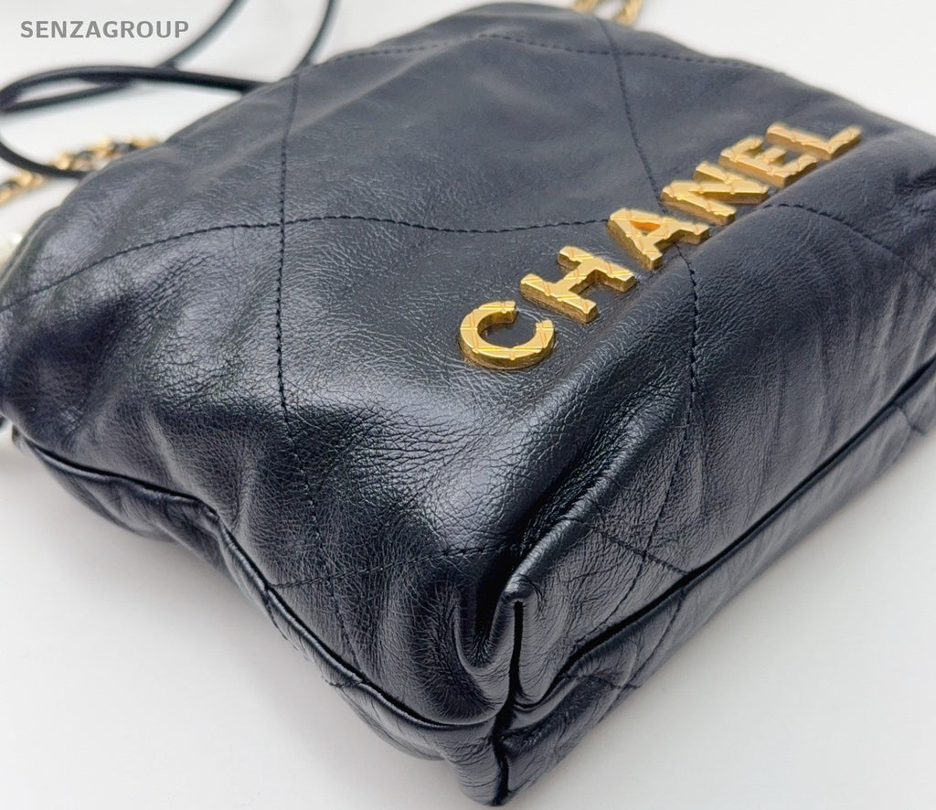 Chanel 22 Mini Calfskin Pearl Chain Shoulder Bag Crossbody Black Gold Women