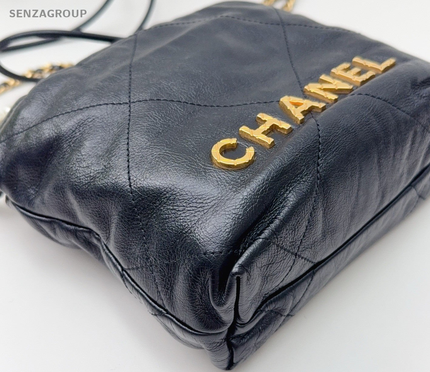 Chanel 22 Mini Calfskin Pearl Chain Shoulder Bag Crossbody Black Gold Women