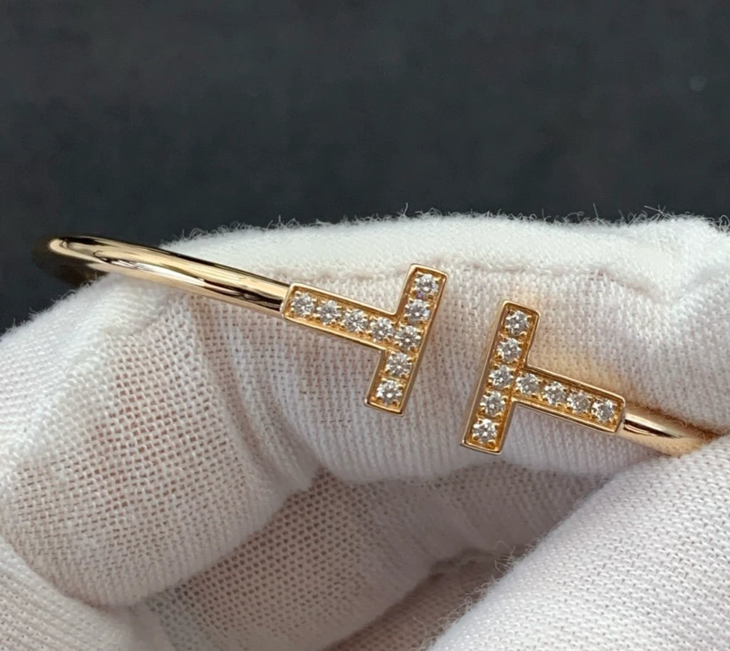 Tiffany &amp; Co. Tiffany T 18K Rose Gold Narrow Wire Cuff Bracelet Diamonds