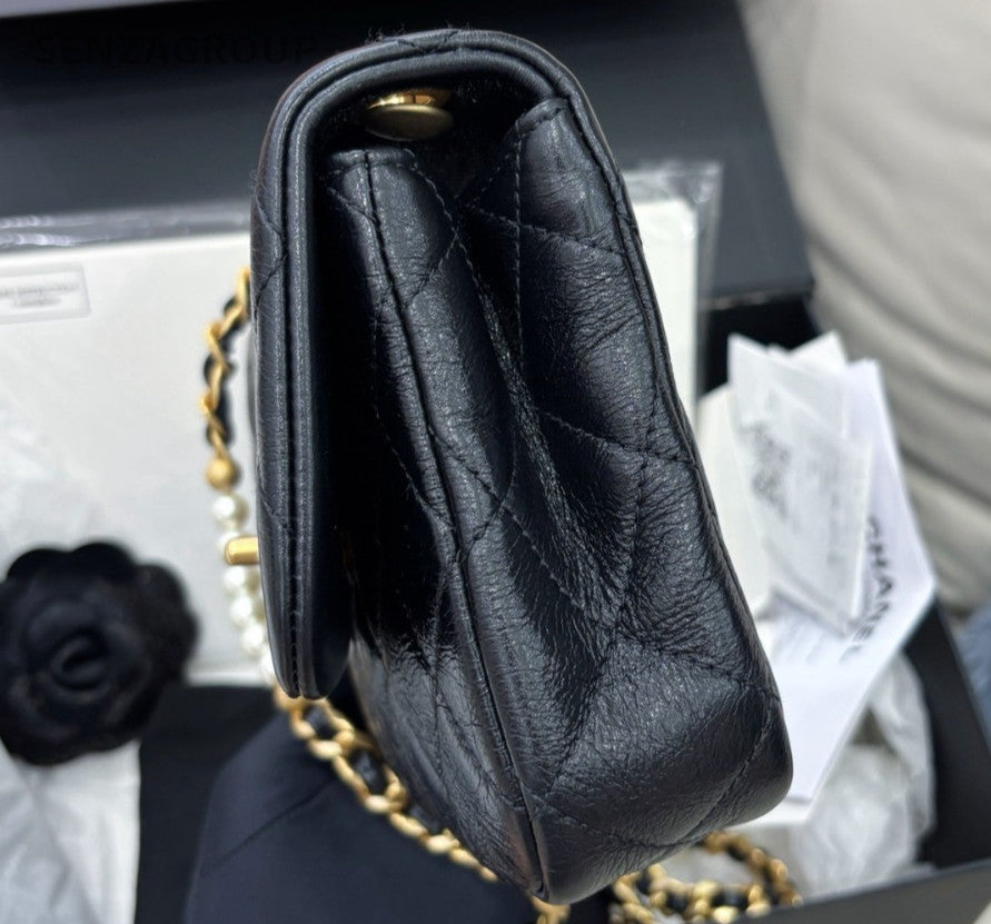 Chanel Diamond Pearl Chain Calfskin Shoulder Bag Crossbody Black Gold Women
