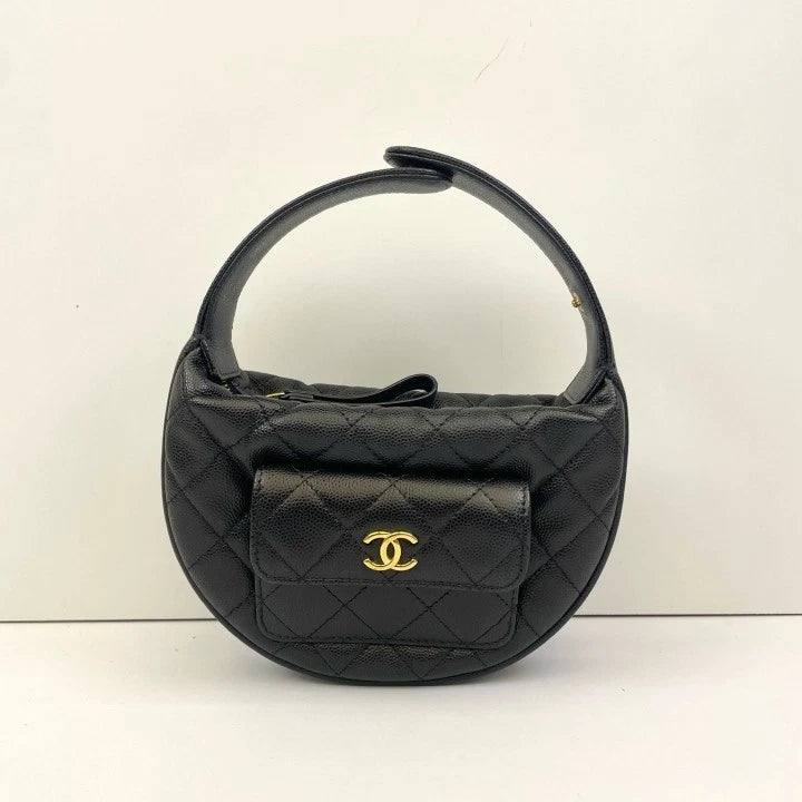Chanel 23B Black Gold Hula Hoop Bag Grainy Leather Shoulder Bag Women