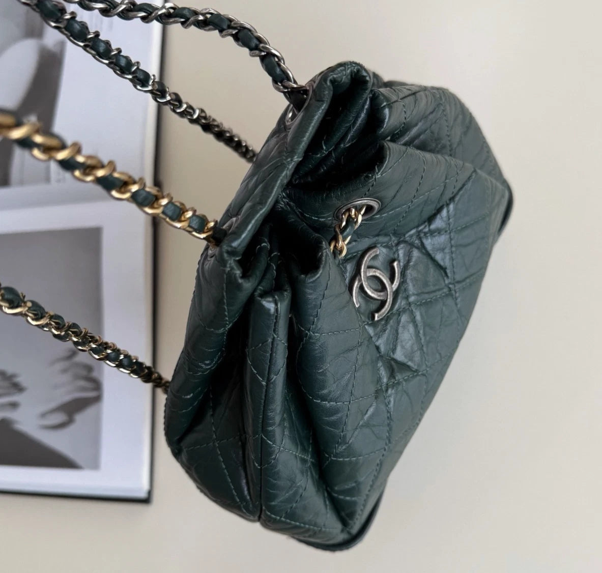 Chanel Gabrielle PM Chain Calfskin Backpack Green Gold Diamond Women Classic
