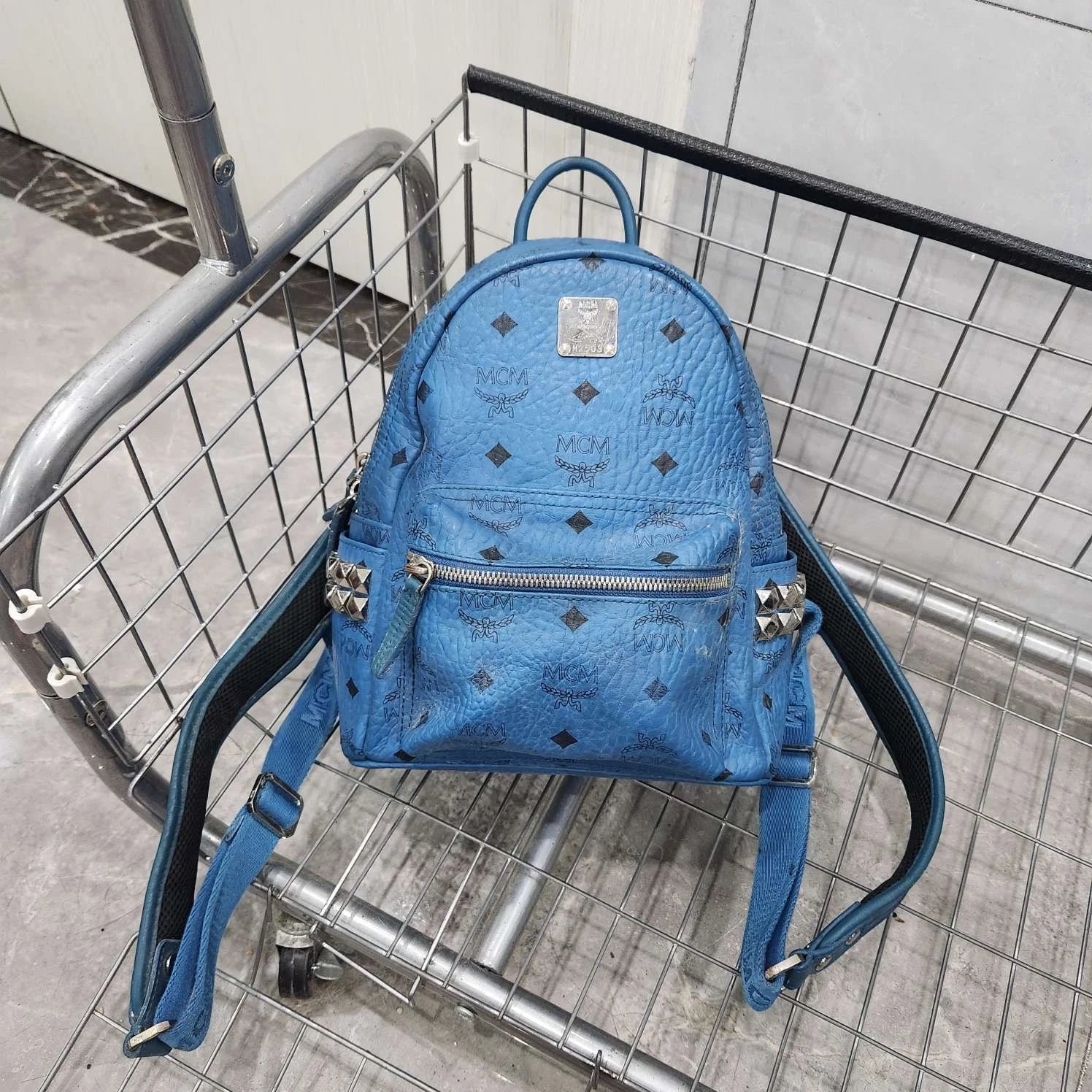 MCM Blue Monogram Rivet Small Backpack For Women