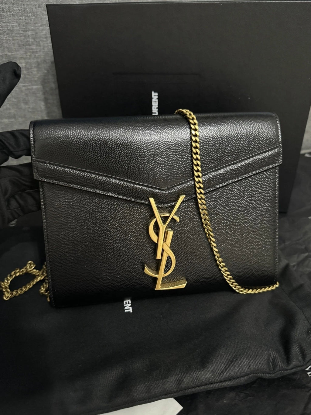 YSL CASSANDRA Gold Logo Black Envelope Shoulder Crossbody Women
