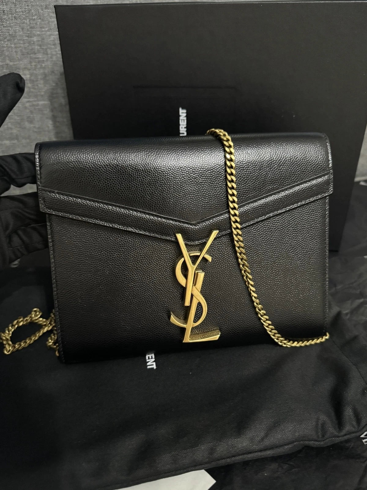 YSL CASSANDRA Gold Logo Black Envelope Shoulder Crossbody Women