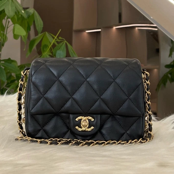 Chanel Quilted Square Mini Flap Bag Black Gold Women's Fashion
