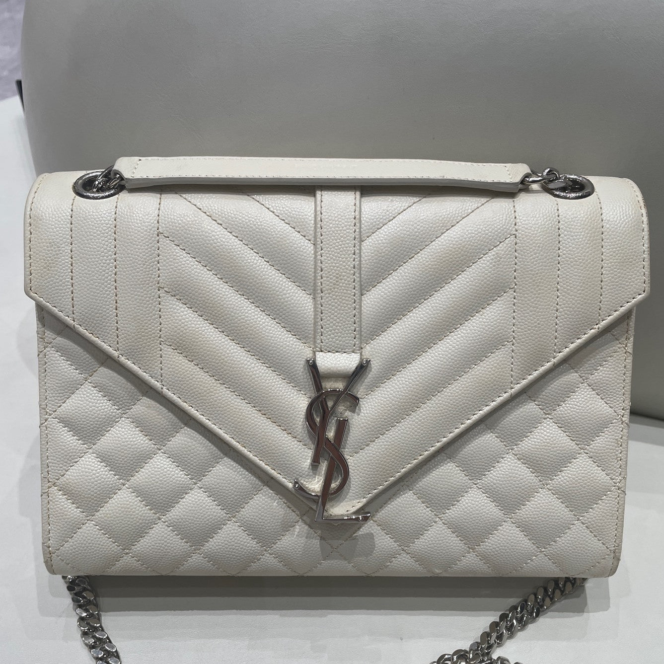 Saint Laurent Envelope Chain Shoulder Bag White Silver Hardware Classic