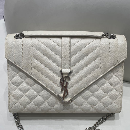 Saint Laurent Envelope Chain Shoulder Bag White Silver Hardware Classic