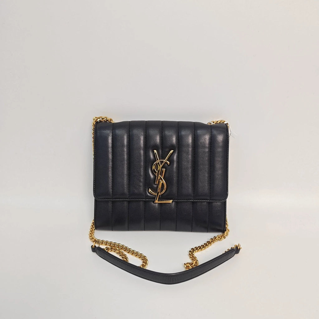 YSL Black Calfskin Vicky Chain Shoulder Crossbody Bag For Women