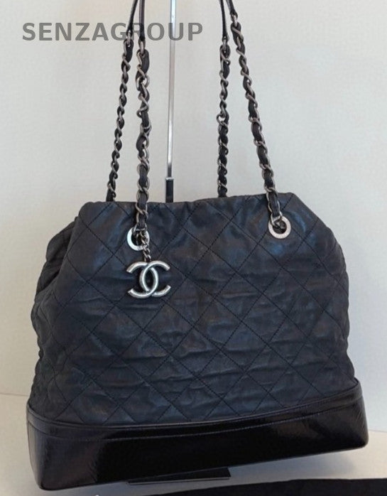Chanel Gabrielle Calfskin Tote Chain Shoulder Bag Black Silver Women Classic