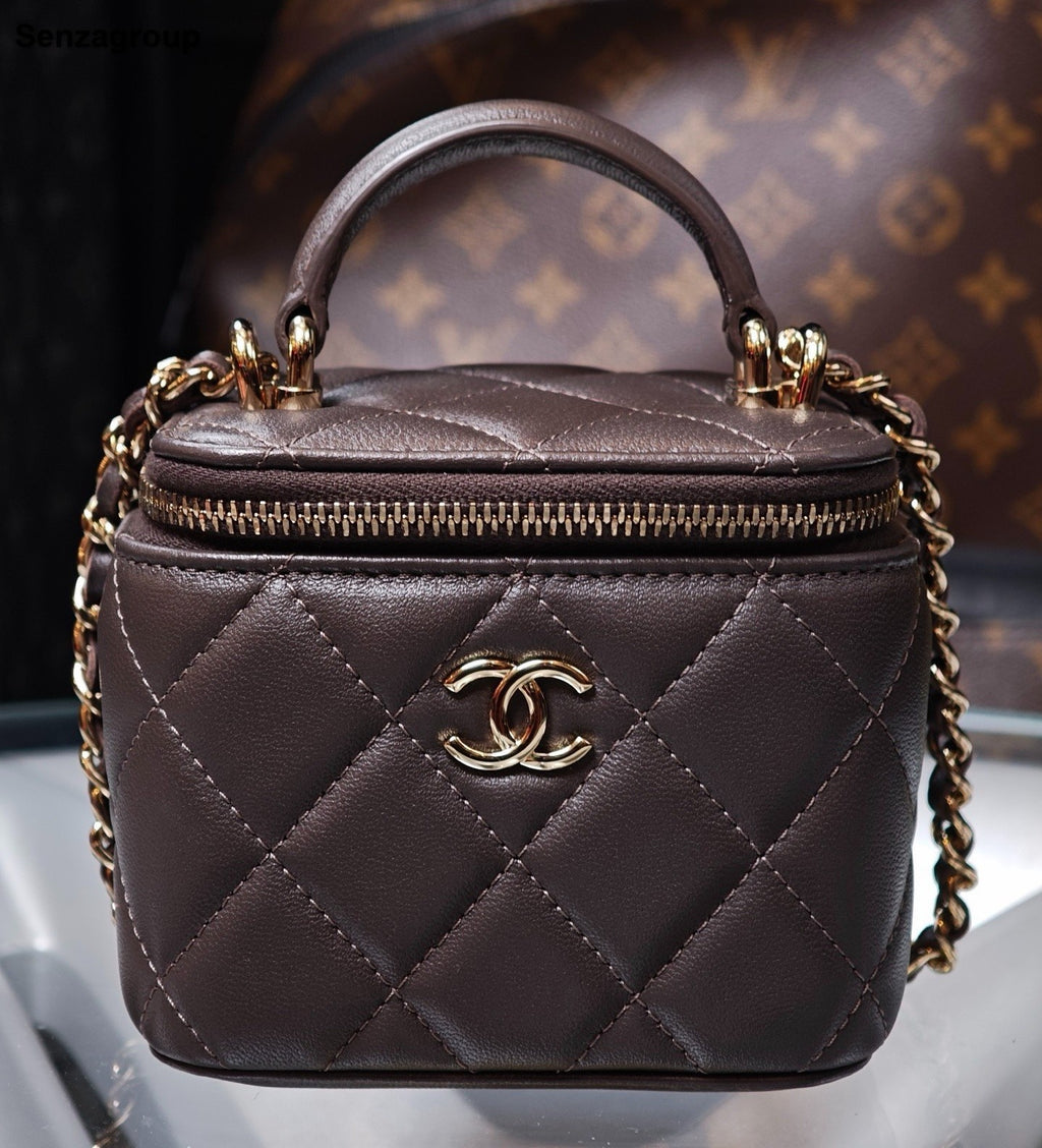 CHANEL Lambskin Chain Crossbody Top Handle Bag Dark Brown Gold Women Classic