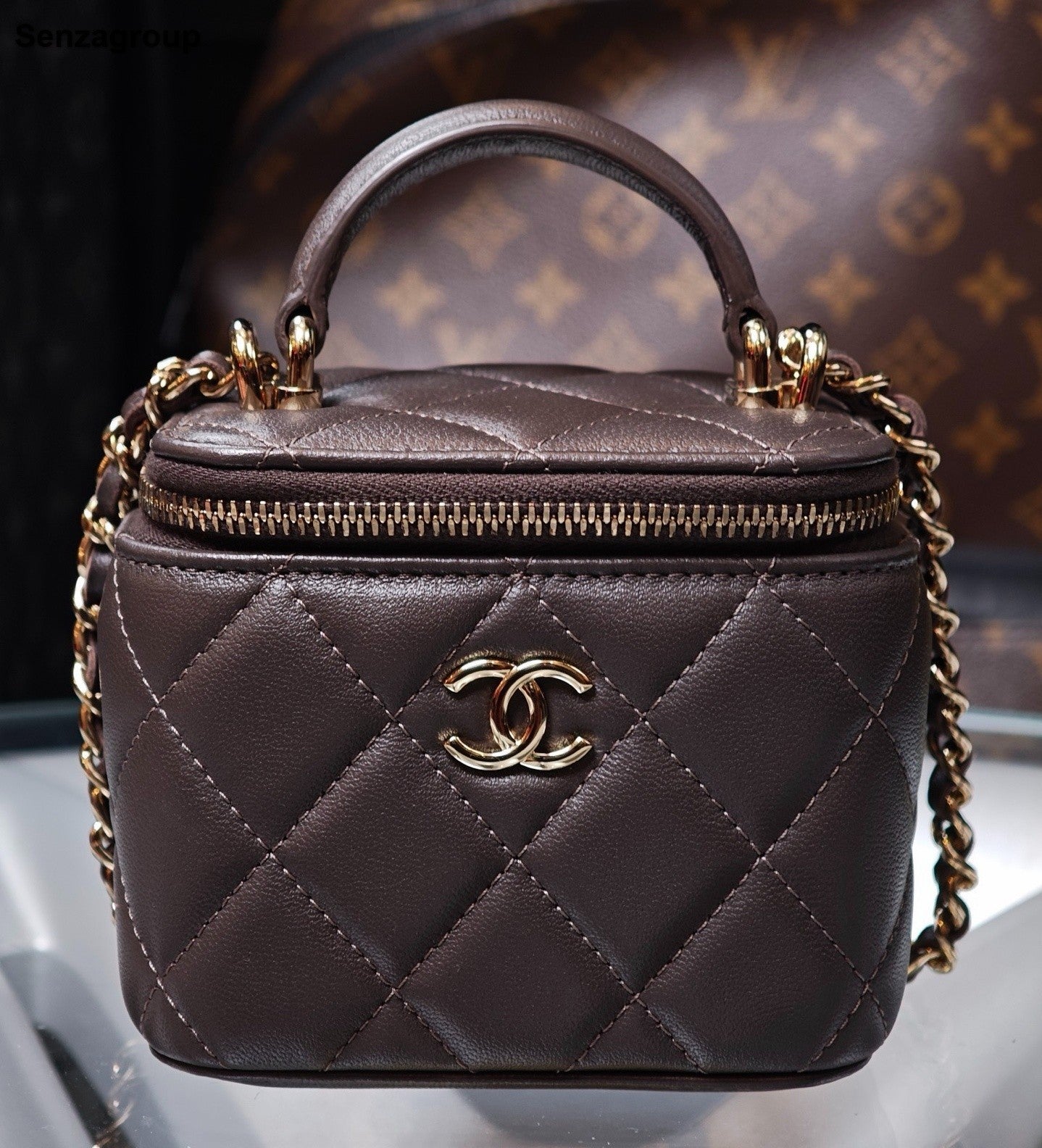 CHANEL Lambskin Chain Crossbody Top Handle Bag Dark Brown Gold Women Classic
