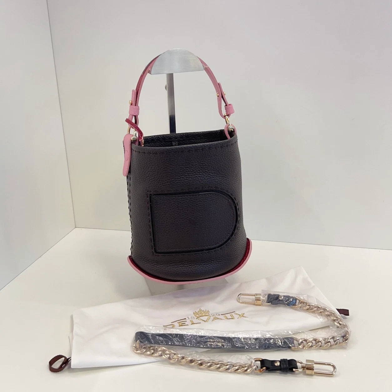 Delvaux Pin Twist Bucket Top Handle Bag Crossbody Black Gold Women Classic