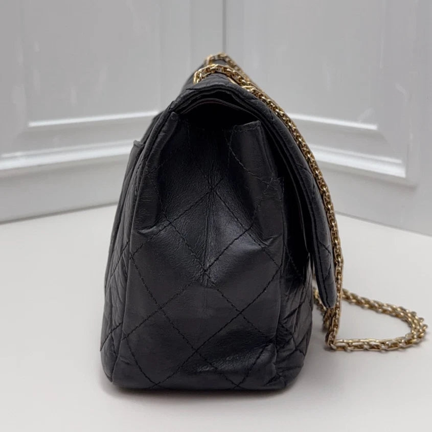 Chanel 2.55 Chain Shoulder Bag Crossbody Black Gold Diamond Women Classic