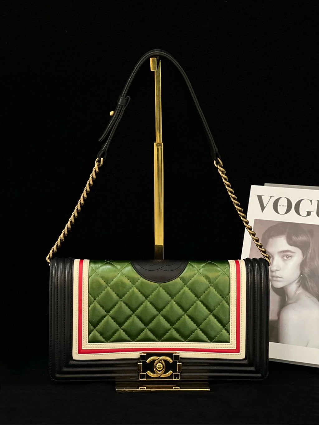 Chanel Leboy Chain Shoulder Bag Crossbody Green Black Gold Women Classic