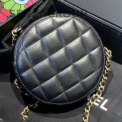 Chanel Black Gold Quilted Mini Round Bag Lamb Skin Chain Shoulder Bag