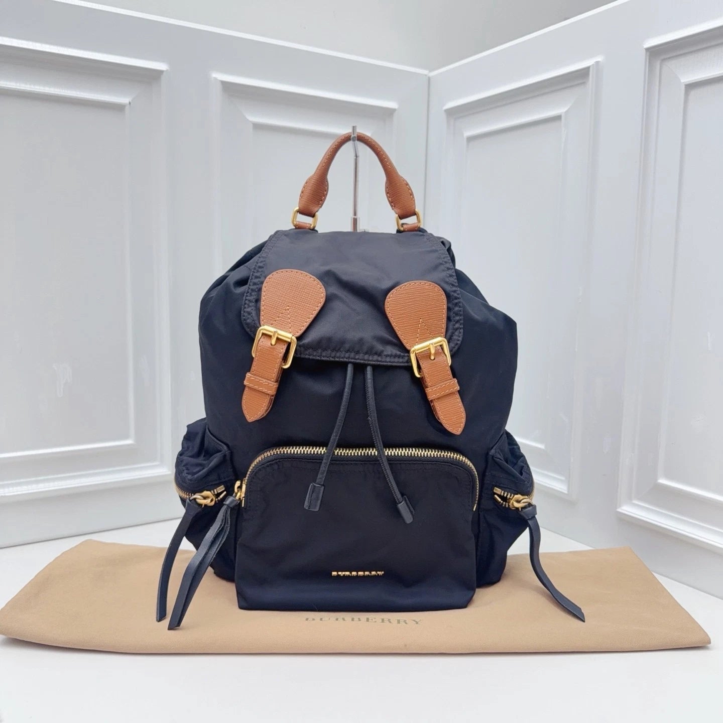 BURBERRY Nylon Backpack Black brown Gold Hardware Unisex Adults Classic