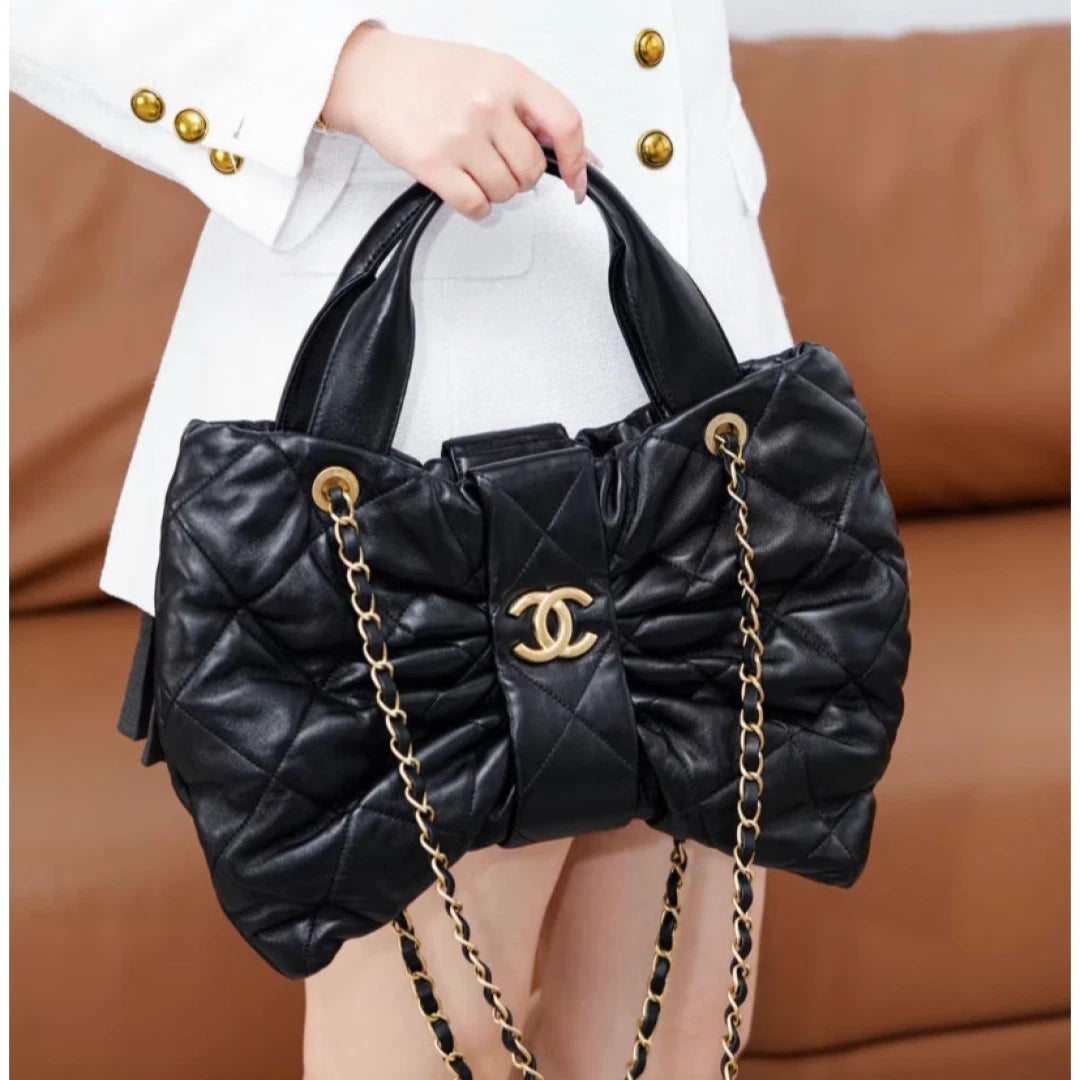 Chanel Lambskin MM 2Ways Top Handle Shoulder Bag Black Gold Hardware Women S