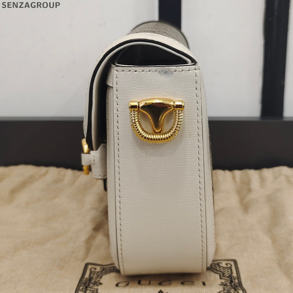 Gucci Horsebit 1955 Mini Saddle Bag White Gold Classic Women Shoulder Crossbody