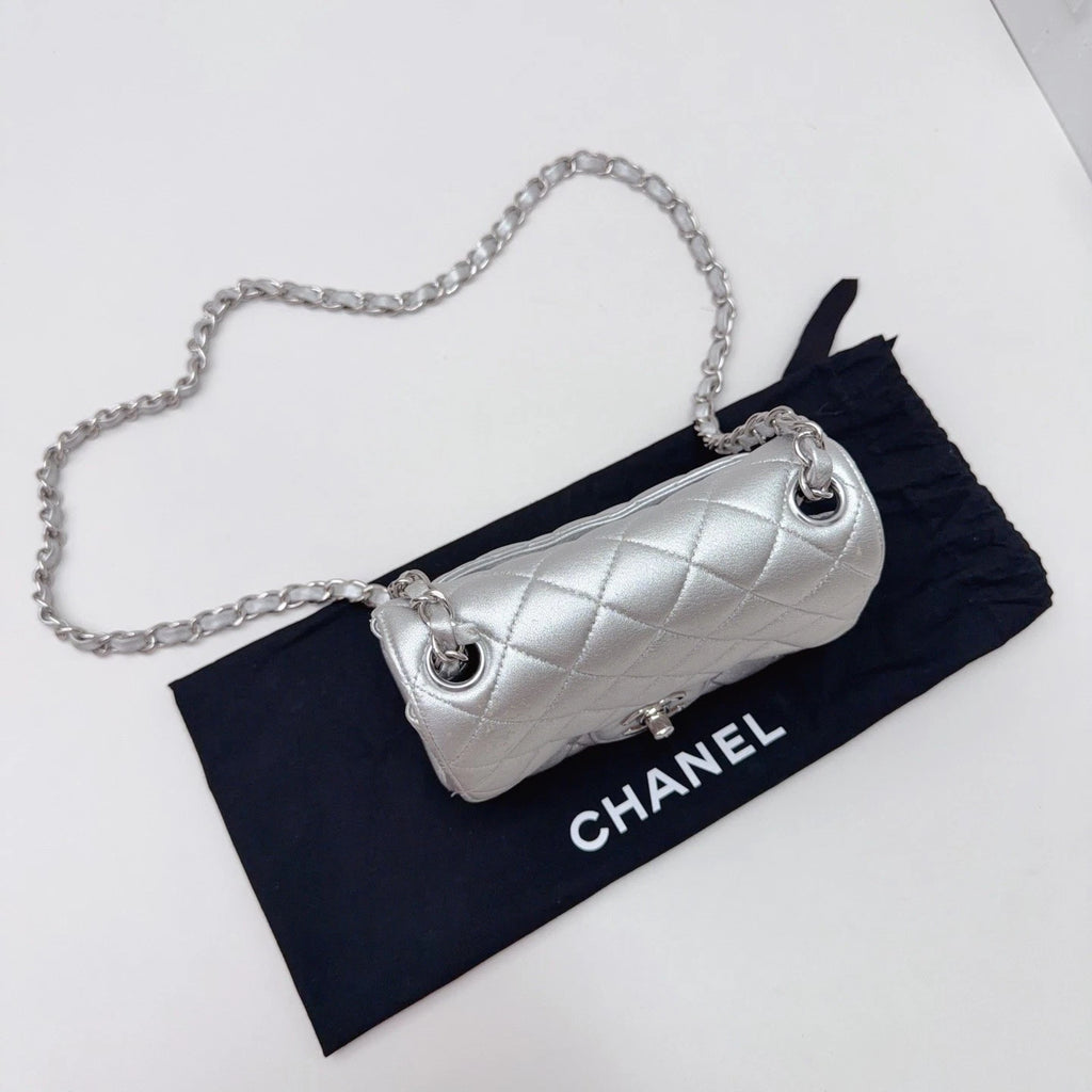 Chanel Classic Flap MINI Chain Shoulder Crossbody Bag Silver Women Classic