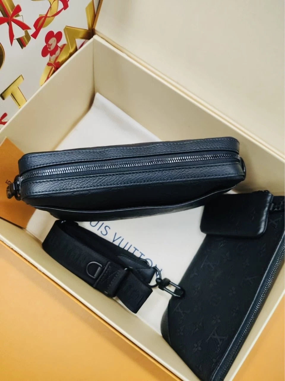 Louis Vuitton Black Trio Embossed Leather Crossbody Messenger Bag For Unisex