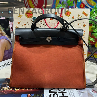 Hermès Herbag 31 Canvas Shoulder Bag Orange Black Silver Hardware