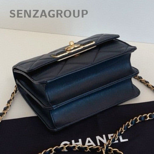Chanel 22A Classic Flap Calfskin Diamond Chain Crossbody Black Gold Women