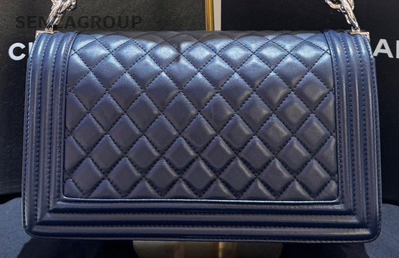 Chanel Leboy MM Lambskin Chain Shoulder Bag Blue Silver Women Diamond Classic