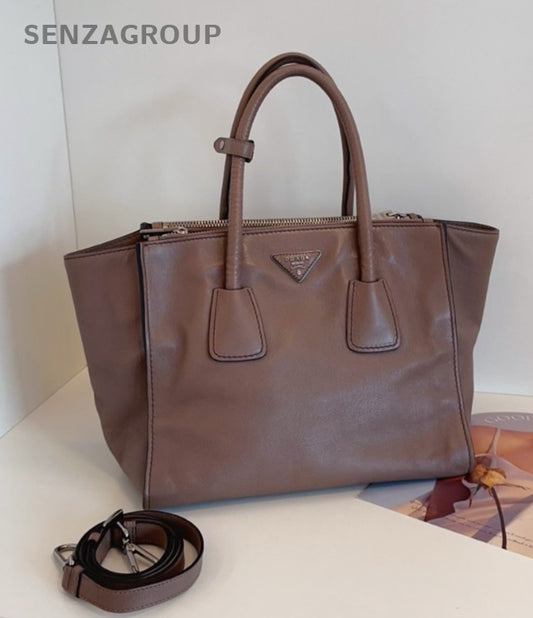 Prada Batwing Bag 2Way Top Handle Bag Crossbody Brown Silver Women Classic