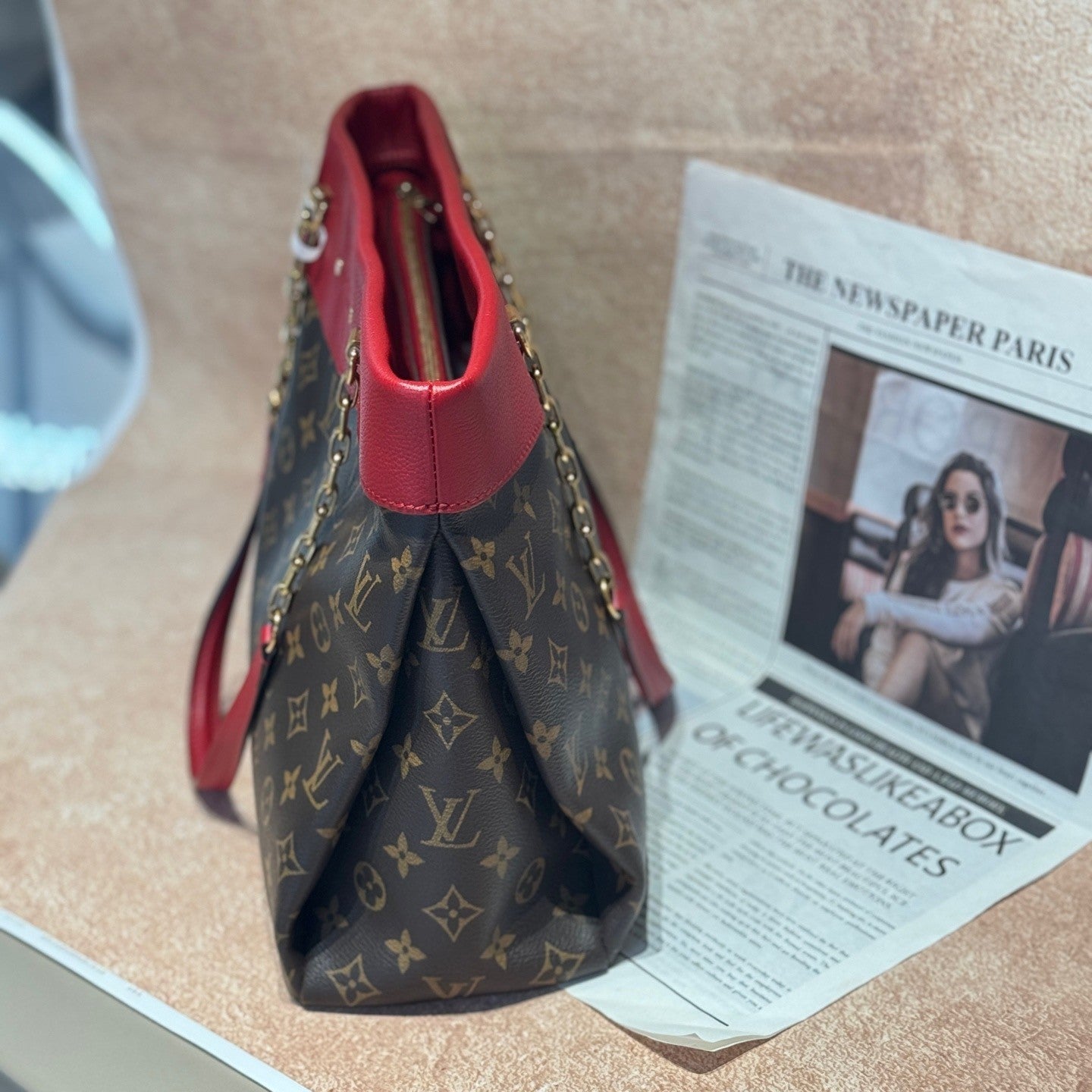 Louis Vuitton Pallas Tote Chain Monogram Shoulder Bag Brown Red Women Classic