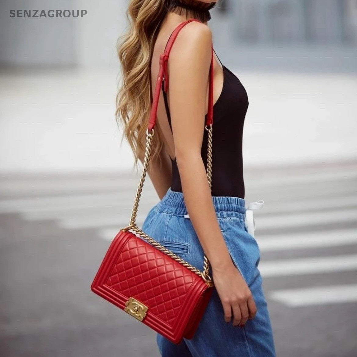 CHANEL Leboy Calfskin Diamond Pattern Chain Shoulder bag Red Gold Women