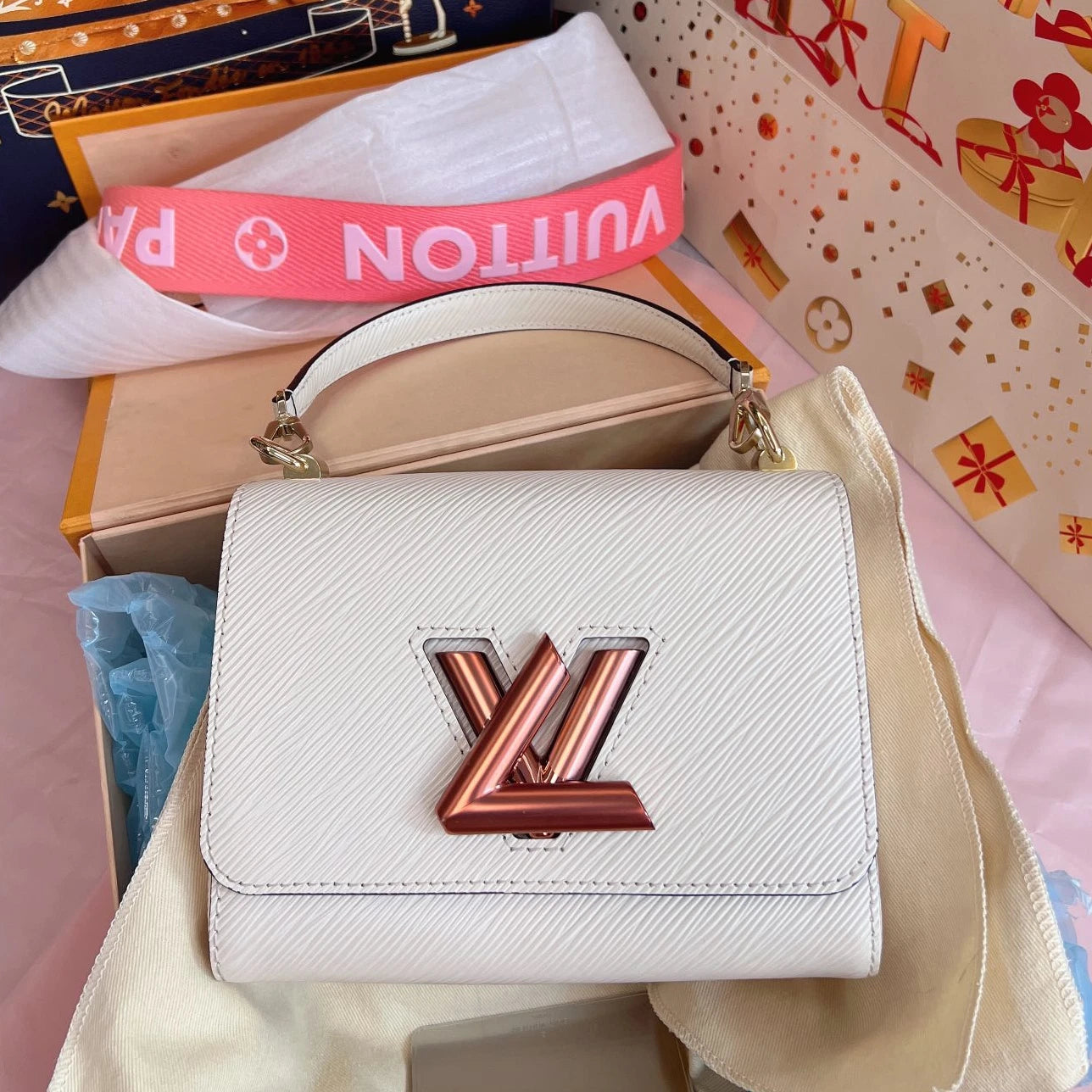 Louis Vuitton Twist PM Top Handle Crossbody White Gold Women Classic