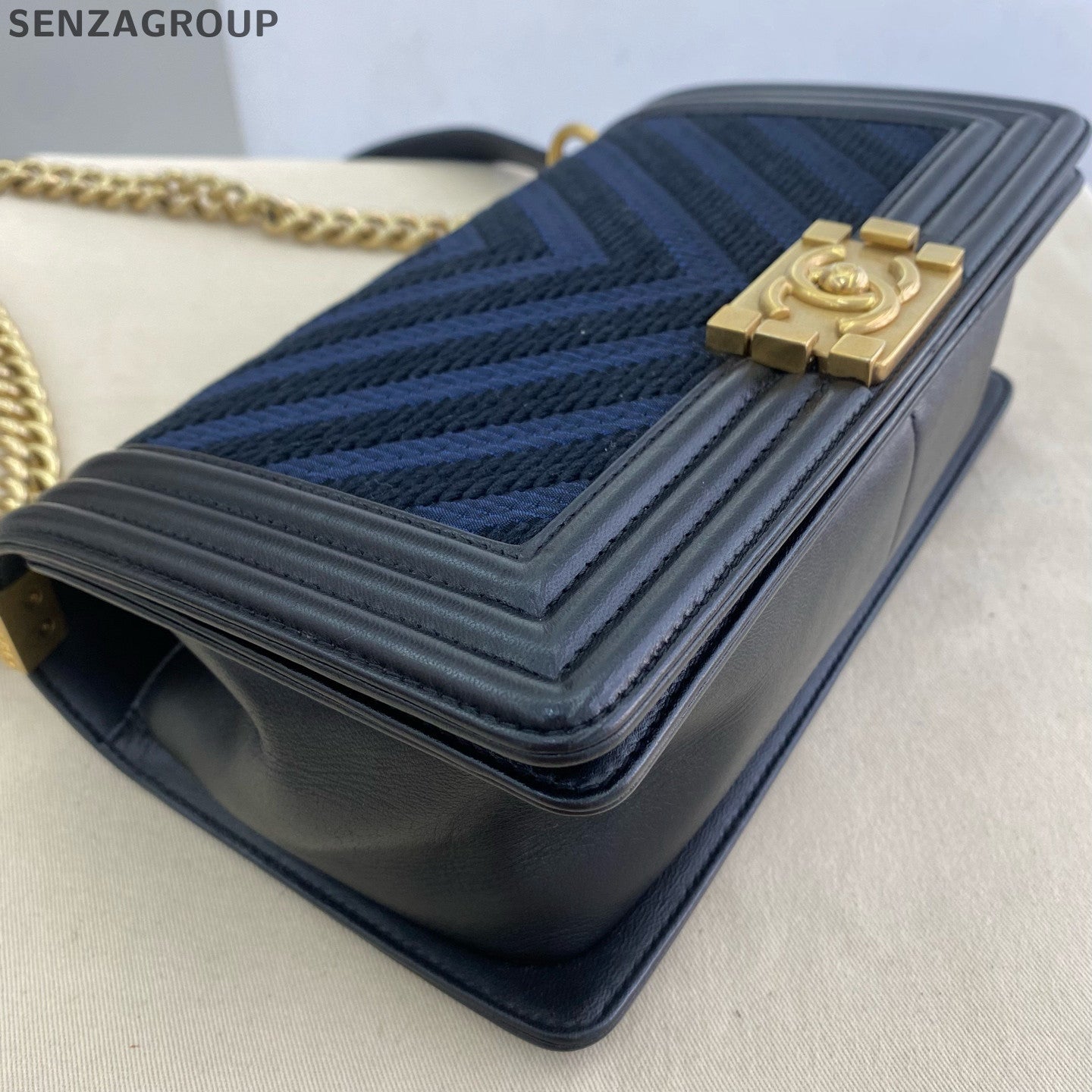 Chanel Medium Boy Bag Chevron Blue Gold Chain Shoulder Crossbody