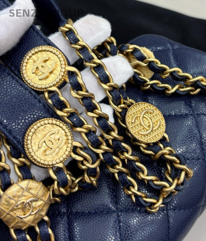 Chanel WOC Gold Coin Chain Shoulder Bag Crossbody Blue Used Women Classic