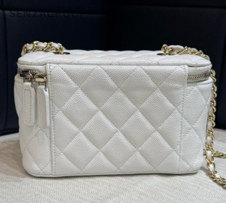 Chanel Diamond Chain Box Calfskin Crossbody White Gold Women Classic