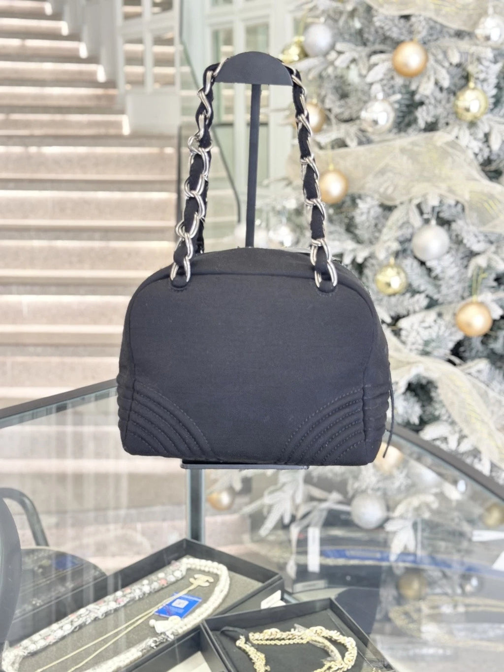 Chanel CC Logo Chain Top Handle Shoulder Bag Black Silver Women Classic S