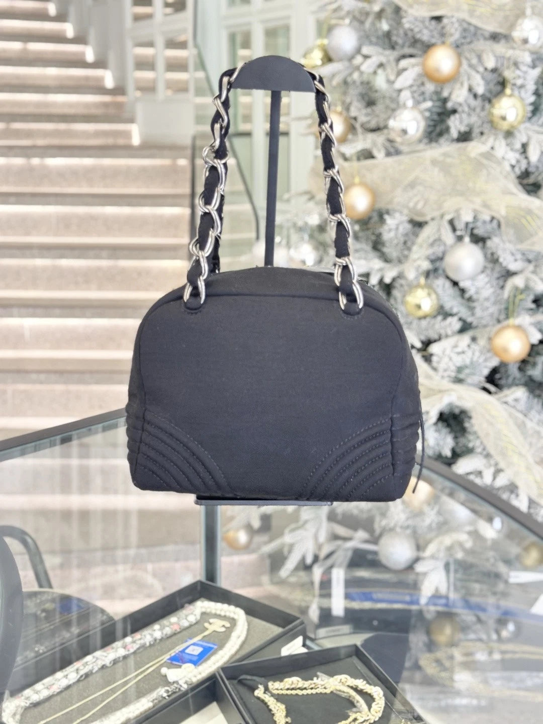 Chanel CC Logo Chain Top Handle Shoulder Bag Black Silver Women Classic S