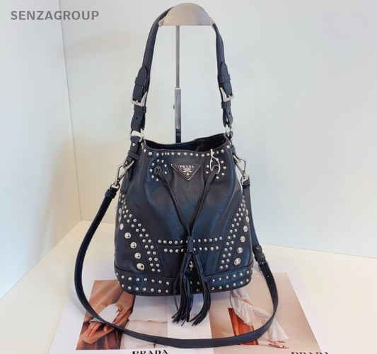 Prada Drawstring Bucket 2Way Top Handle Bag Shoulder Bag Black Silver Women